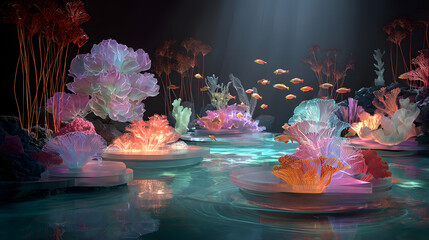 Magical underwater garden with glowing coral formations and small fish swimming in illuminated water