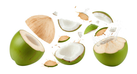 Fresh, dewy green coconuts: split halves floating, one with green husk, one exploding white flesh. White background, tropical fruit breakage and freshness