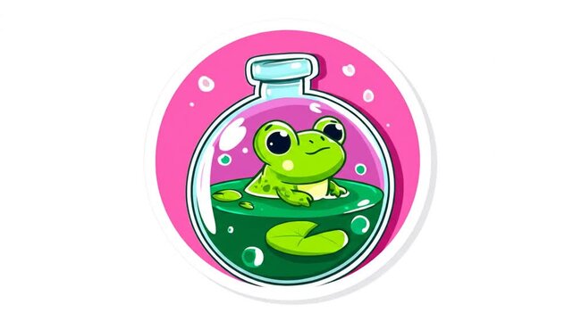 Cartoon frog in a bottle with green liquid on a pink background