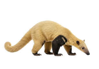 Adult Southern Tamandua with yellowish-white fur and black vest, strong claws, walking, snout down foraging on a transparent background with copy space, wildlife study concept