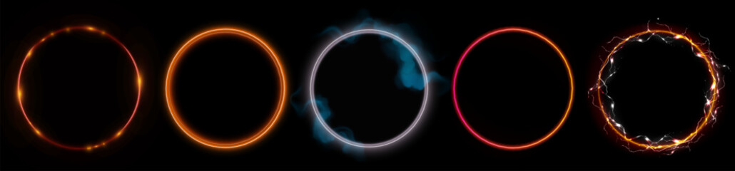 Neon halo circles with orange and red electric effects for sci fi interface or motion graphics. Luminous rings with gradient colors, smoke and lightning energy. Futuristic portal frame collection.