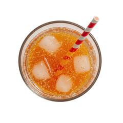 Vibrant orange soda in highball glass with ice, red straw, condensation, top-down on white background, copy space, concept for beverage advertising