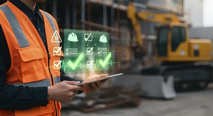 Construction worker using digital tablet with safety checklist and site monitoring interface.