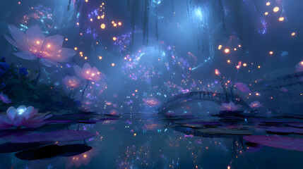 Enchanting ethereal fantasy landscape with glowing lights and reflections on water at night
