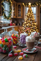 Festive photo of glass jars filled with colorful Christmas candies beside hot chocolate with marshmallows and candy canes on a rustic table. Ideal for blogs, ads, menus, or holiday designs.