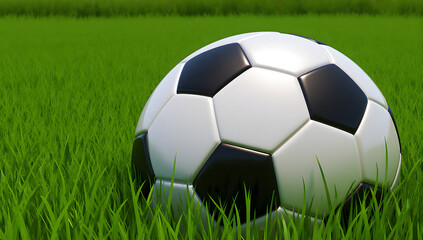 Fototapeta premium Soccer Ball in Lush Green Field: A classic soccer ball rests gracefully amidst a verdant field, symbolizing the spirit of sport and recreation.
