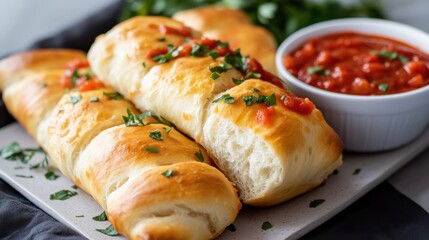 Freshly Baked Breadsticks with Tomato Sauce and Parsley Garnish: Delicious Italian Appetizer or Snack on a Plate, Close-Up View