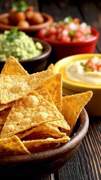 A delicious spread of Mexican appetizers with nachos guacamole and salsa.
