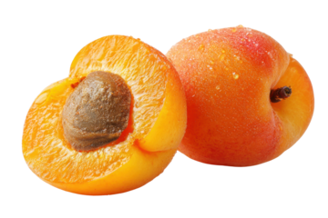Ripe orange apricot cut in half showing pit with water droplets fruit food, Isolated On Transparent Background, Png Cut Out