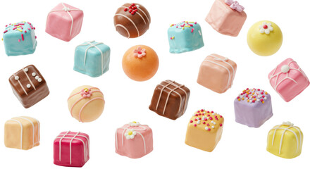 Miniature French petit fours with unique shapes, glossy pastel/bright fondant glaze, intricate decorations, and sprinkles, floating on a transparent background with copy space, sweet dessert
