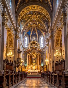 A majestic church interior features golden embellishments, ornate ceilings, and rows of wooden pews leading towards a gilded altar