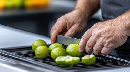 Chef Cutting Fresh Limes on a Grill: Close-Up of Hands Slicing Green Citrus Fruit for Grilling, Preparing Food for Outdoor Cooking and Summer BBQ
