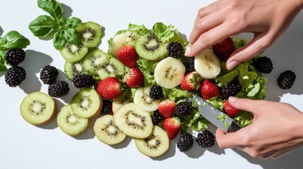 Preparing a Fresh Fruit Salad: Woman's Hands Cutting Kiwi, Strawberries, Blackberries, and Banana on a Bed of Lettuce with Basil on White Background