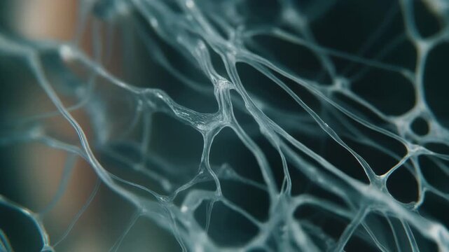 A macro close-up of viscous liquid strings stretching and elongating, creating intricate and detailed textures