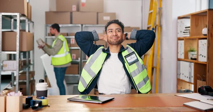 Man, laptop and done for logistics, delivery and ecommerce startup with distribution sale. Entrepreneur, satisfied and relax for dropshipping profit, subscription service and small business funding