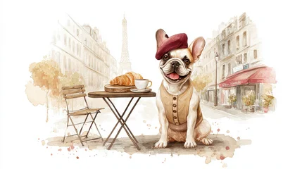 Fototapete Französische Bulldogge A cute French bulldog in Paris with a beret, enjoying breakfast in a cozy cafe setting.  © Vasyl