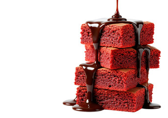 Three fudgy red velvet brownies stacked with glistening melted dark chocolate sauce dripping, isolated on transparent background, shallow depth of field, appetizing dessert advertising