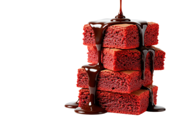 Three fudgy red velvet brownies stacked with glistening melted dark chocolate sauce dripping, isolated on transparent background, shallow depth of field, appetizing dessert advertising