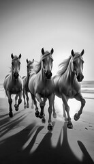 Horses running towards camera in black and white