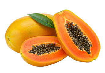 A whole, ripe papaya with vibrant yellow-orange skin and a green leaf, beside a halved papaya revealing bright orange-red flesh, on a transparent background with copy space, clean product photography