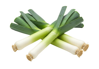 Pristine, vibrant leeks with bright white bulbs and deep green stalks, artfully arranged diagonally on a transparent background with copy space, shadowless studio lighting. Concept of fresh healthy