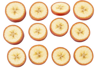 Macro close-up of fresh, ripe red banana slices, creamy pale yellow flesh, vibrant reddish-purple peel on a transparent background with copy space, concept of healthy natural food