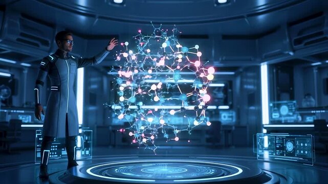 A scientist gestures at a glowing molecular structure in a futuristic lab with monitors - Powered by Adobe
