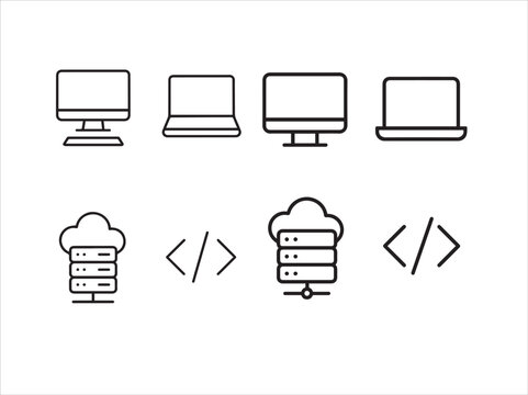 Computer and Cloud Computing Icons Set Technology Coding and Cloud Server Line Vector Icons