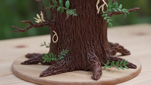Detailed close-up of a miniature, textured tree model with leaves on a wooden surface