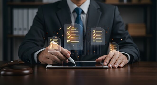 Legal professional reviewing digital checklists and data on tablet, law and technology concept.