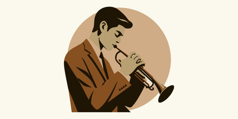 Stylized retro vector illustration of a musician in a classic suit playing a soulful melody on a brass trumpet, evoking the golden age of jazz music