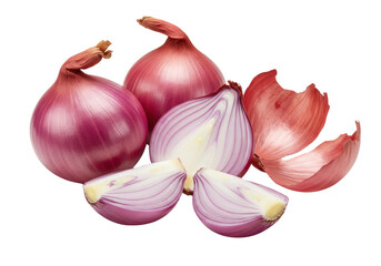 Four fresh shallots (whole, partially, fully peeled) revealing pale purple & white layers on a transparent background with soft shadows, concept of healthy culinary ingredients
