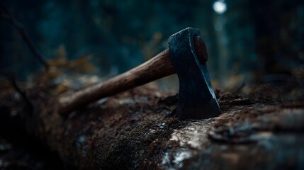 A rustic axe rests on a moss covered fallen tree trunk in a dark forest setting