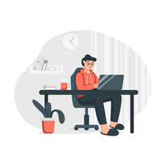 Man Wearing Red Hoodie Sitting At Desk Working On Laptop In A Home Office With Plant And Bookshelf In Background