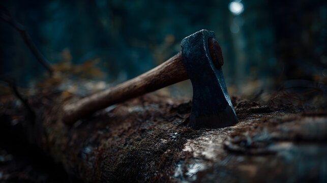 A rustic axe rests on a moss covered fallen tree trunk in a dark forest setting