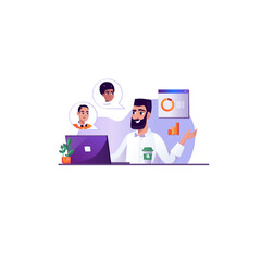 Man With Beard In A White Shirt Engaged In A Business Video Conference With Colleagues Represented By Avatars And Displaying A Chart On A Screen With A Laptop And Potted Plant On A Table