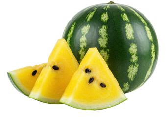 Ripe dark green whole watermelon, vibrant juicy yellow wedge, glossy black seeds, clean bright white studio background, copy space. Concept of refreshing summer fruit and healthy eating