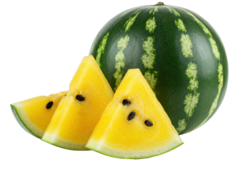 Ripe dark green whole watermelon, vibrant juicy yellow wedge, glossy black seeds, clean bright white studio background, copy space. Concept of refreshing summer fruit and healthy eating
