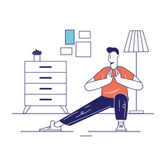 Man in Orange Shirt and Dark Blue Pants Performs Side Lunge Yoga Pose Indoors with Minimalist Furniture and Soft Lighting