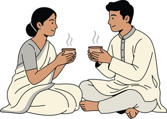 Happy South Asian Couple in Traditional Clothes Sitting and Enjoying a Romantic Tea Date