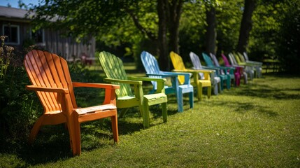 Bright plastic Adirondack chairs arranged on grass in sunlight and shade on a summer yard.