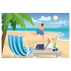 Man in Swim Trunks Joyfully Running on Sandy Beach Under Sunny Sky Next to Palm Tree Laptop and Drink on Table