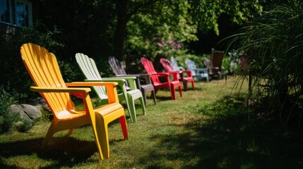 Bright plastic Adirondack chairs arranged on grass in sunlight and shade on a summer yard.