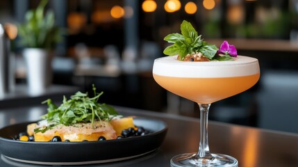 Elegant Peach Cocktail with Basil and Edible Flower: Sophisticated Drink with Gourmet Food Pairing in a Restaurant Setting for Upscale Dining