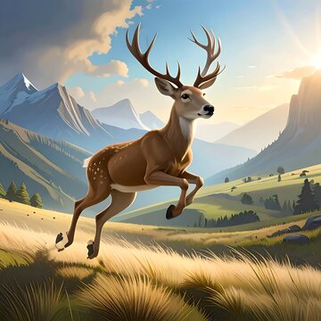 A majestic deer leaps gracefully across a sunlit meadow with a backdrop of rolling hills and majestic mountains under a bright sky