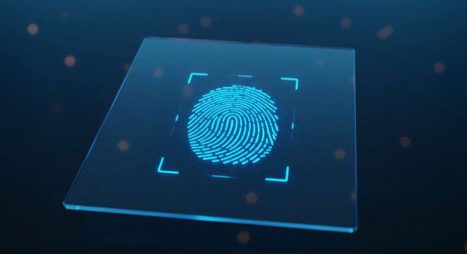 Digital fingerprint scan for secure access and biometric identification on a futuristic interface, emphasizing advanced technology and data protection solutions