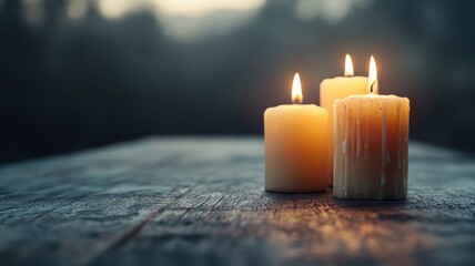 Candles burning on weathered table, casting flickering shadows on walls.