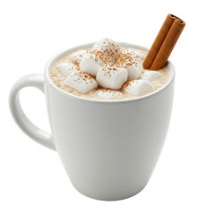 White ceramic mug with creamy white hot chocolate, melting mini marshmallows, cocoa powder, and cinnamon stick, on transparent studio background with bokeh. Cozy winter treat concept