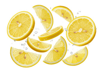 Vibrant lemon slices with glistening water droplets, suspended against a bright white background with copy space, showcasing extreme freshness, concept for beverage advertising.