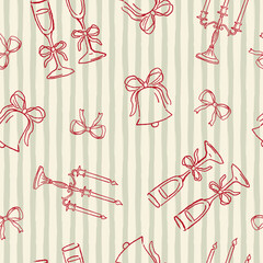 Vector hand drawn christmas seamless pattern, champagne glass and candlestick, christmas bell.